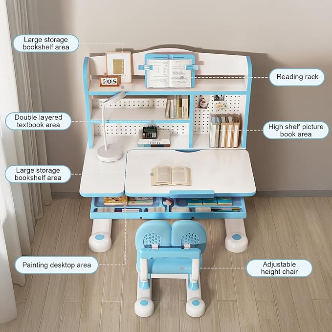 Kids Desk and Chair Set, Height Adjustable Study Table with Bookshelf & Storage Drawer, 0-50° Tiltable Desktop, Ergonomic Study Desk for Boys and Girls Ages 3-12 (Blue)