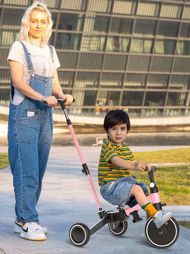 XJD Toddler Bike, 6 in 1 Folding Toddler Tricycle for 1-4 Year Old with Parental Control Handle, Balance Bike with Removable Pedal, Backrest, Adjustable Seat and Handle, First Birthday Gifts (Pink)