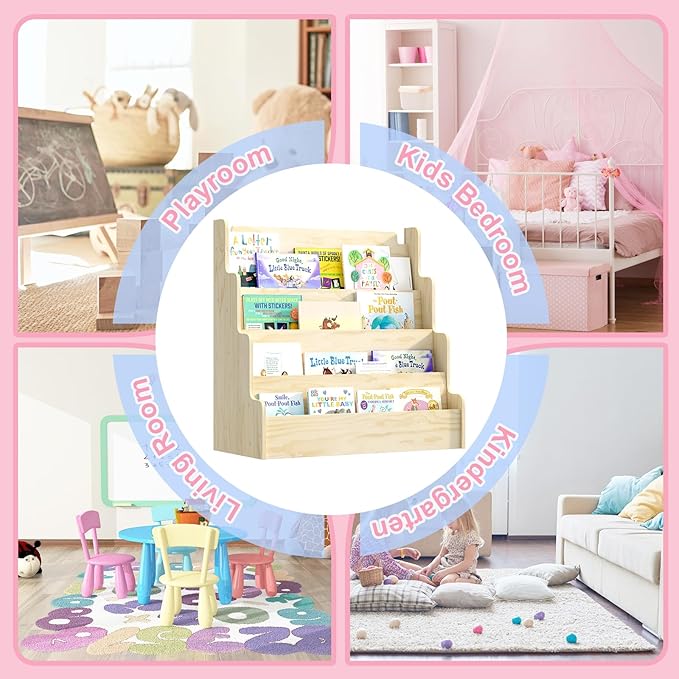 NACHES Kids Bookshelf Wooden 4 Tier Scalloped Bookshelf Toddler Montessori Bookcase Children Front Facing Display Book Shelves for Nursery Kids Room Reading Room Bedroom Classroom