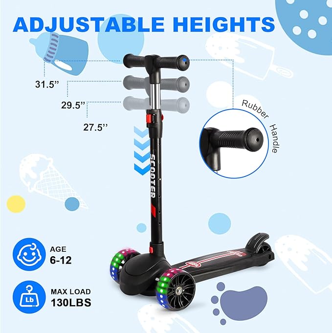 LENOGE Kids Scooter, Toddler Scooter with 3 Flashing LED Big PU Wheels Kick Scooter for Kids Folding Adjustable Height Kick Scooter Toys for Ages 3-6 Boys Girls
