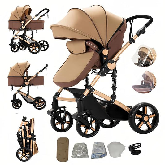 2 in 1 Baby Stroller with Bassinet Mode, Reversible Infant Pram, One-Click Folding, Newborn Travel Stroller, Convertible Toddler Standard Pram Carriage (2US588-KHAKI)