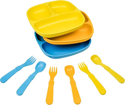 Re-Play 3x3 Divided Toddler Plates and Utensils Set - Toddler Forks and Spoons Set - Dishwasher and Microwave Safe - Made in USA - Spring