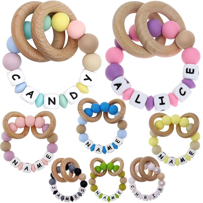 Personalized Baby Wrist Rattle Ring Keepsake with Name,Custom Rattle Teething Wooden Ring for Boys Girls Gift