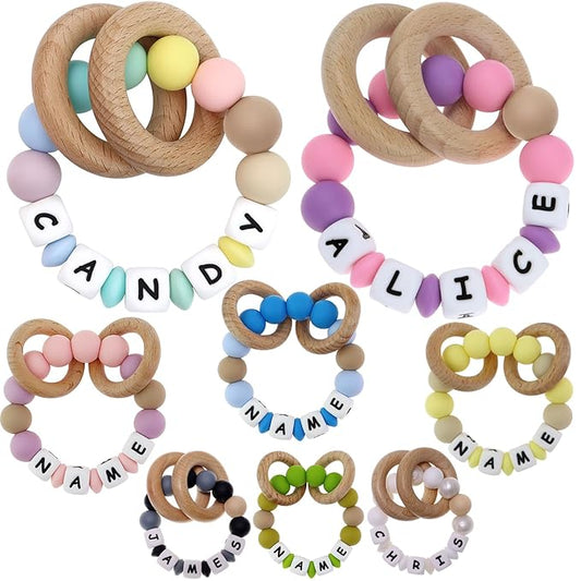 Personalized Baby Wrist Rattle Ring Keepsake with Name,Custom Rattle Teething Wooden Ring for Boys Girls Gift