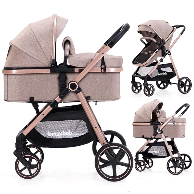 2-in-1 Baby Stroller - Folding Infant Newborn Pram Stroller with Reversible Seat - Toddler Strollers for 0-36 Months Old Babies (Beige)