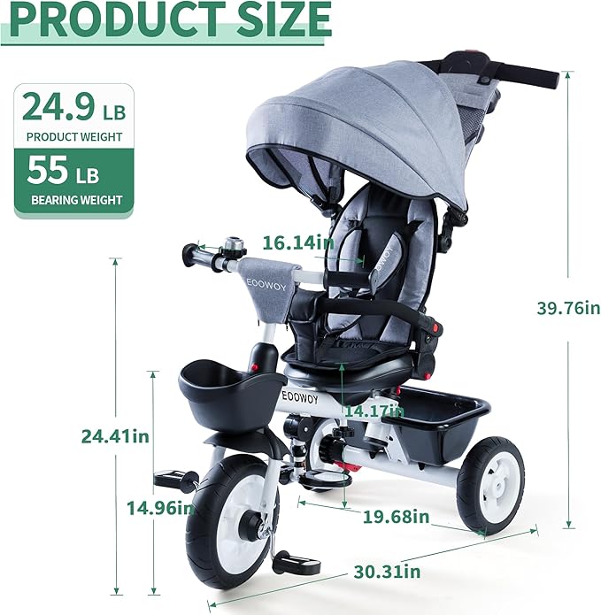 Baby Trike, 6-in-1 Kids Tricycle with Adjustable Push Handle, Removable Canopy, Safety Harness for 18 Months - 5 Year Old(Light Grey)