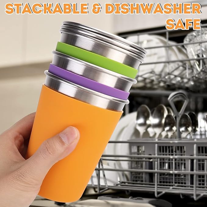 Kids Stainless Steel Cups, 12oz Kids Metal Drinking Glasses with Lids and Sleeves, Unbreakable Spill Proof Cups for Kid and Adult, Stacking Sippy Cups for Hot Chocolate & Cold Drinks 5Pack