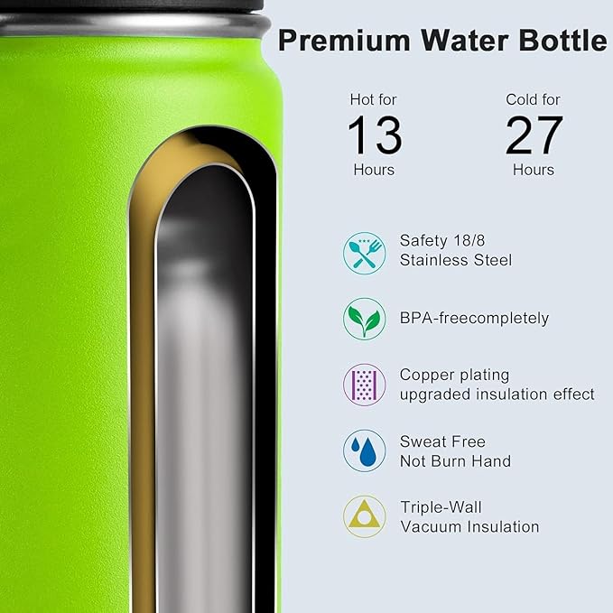 koodee Water Bottle-22 oz Stainless Steel Vacuum Insulated Water Bottle, Wide Mouth Flask with Leakproof Spout Lid (Apple Green)
