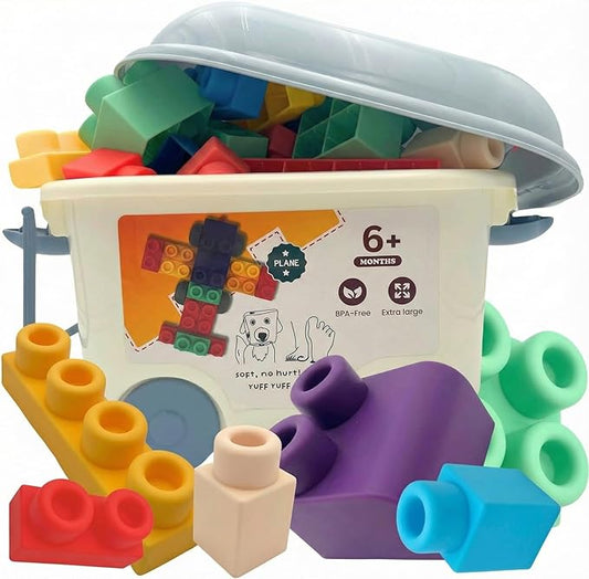 Big Soft Building Blocks for Toddlers 1-3 Year Olds - 50 Pieces in Storage Bin on Wheels - STEM Large Squishy Rubber Blocks for Sensory & Motor Skills - Montessori Stacking Baby Toys