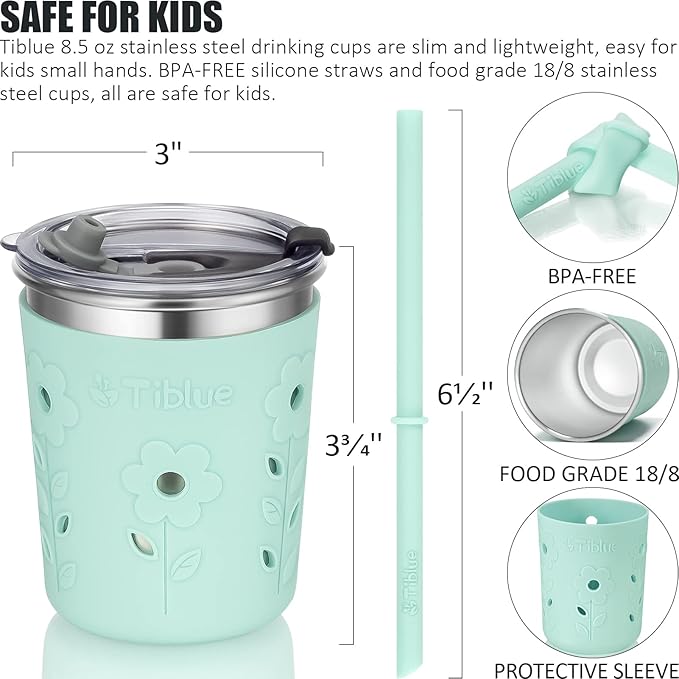 Tiblue Kids & Toddler Cups, 4 Pack 8oz Spill Proof Stainless Steel Tumblers with Leak Proof Lids, Silicone Straw with Stopper & Sleeve, BPA FREE Snack Smoothie Drinking Cup for Baby Girls Boys