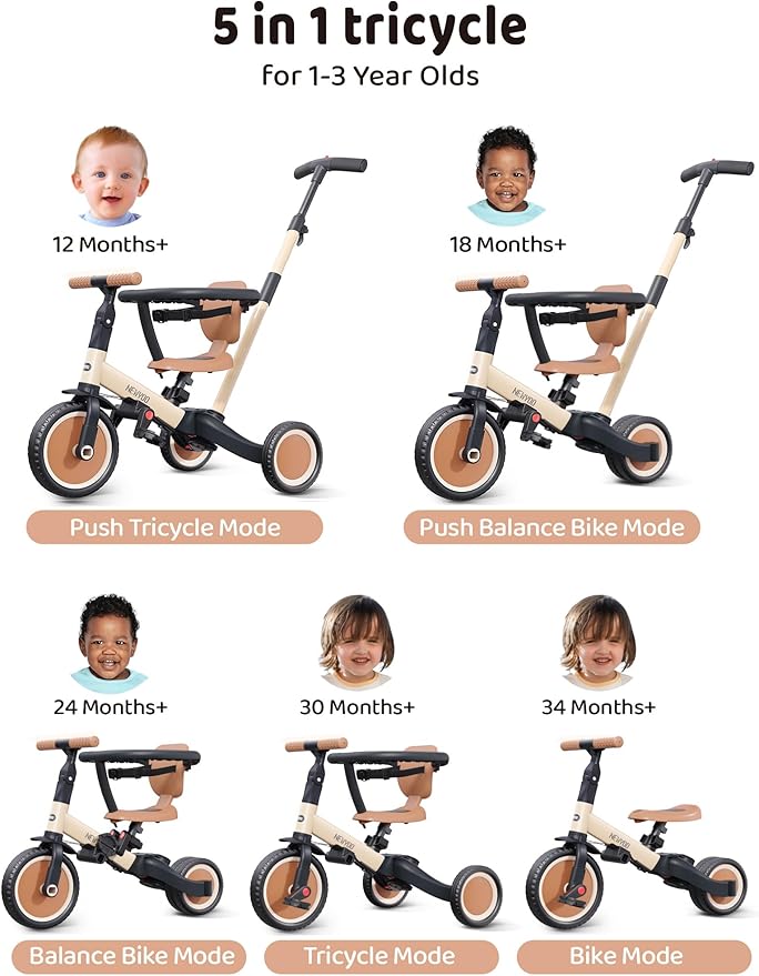 newyoo TR008 5 in 1 Toddler Tricycle with Push Handle for 1-3 Year Old Boys and Girls, Kids Push Trike with Safe Bar, Toddler Bike, Convert to Balance Bike, Birthday Gifts and Toys for Baby, Cream