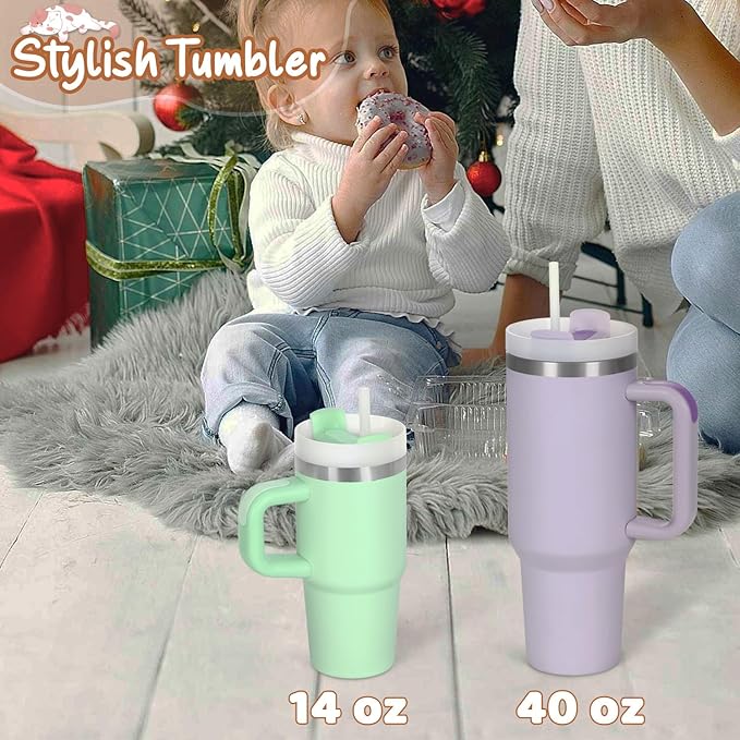 Cosictic 2 Pack 14 Oz Tumbler with Handle and Straw for Kids, Stainless Steel Double Wall Vacuum Insulated Cup for Children, 14 Oz Cups for Kids (Sky Blue, Green)