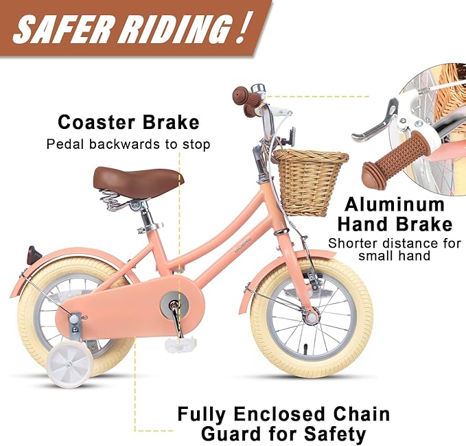 Glerc Little Molly 12-20 Inch Kids Retro Cruiser Bike for 2-13 Year Old with Wicker Basket & Training Wheels/Kickstand, Multiple Colors