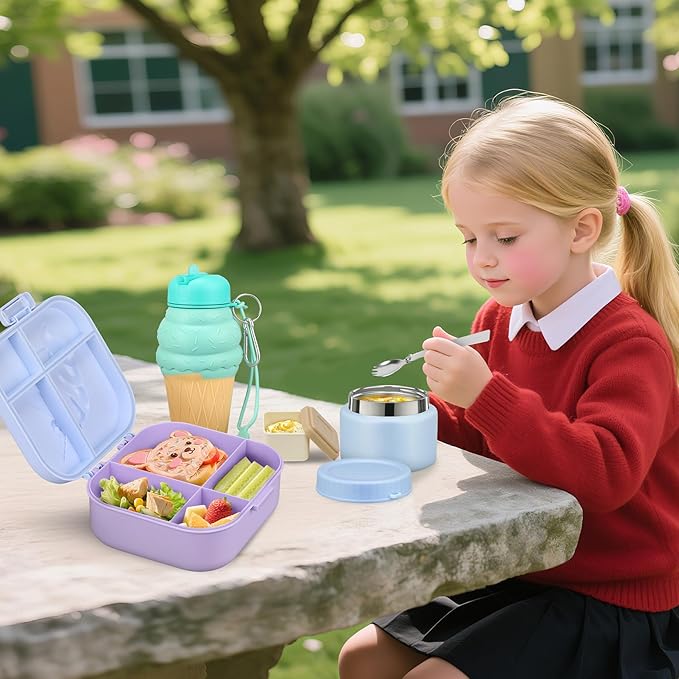 Kids Lunch Box Set -12oz Insulated Food Jar, Thermal Bag,Leakproof Lunch Food Containers Cutlery (BPA Free)-Gift for Girls/Boys Age 3-10(Blue+Blue Jar)
