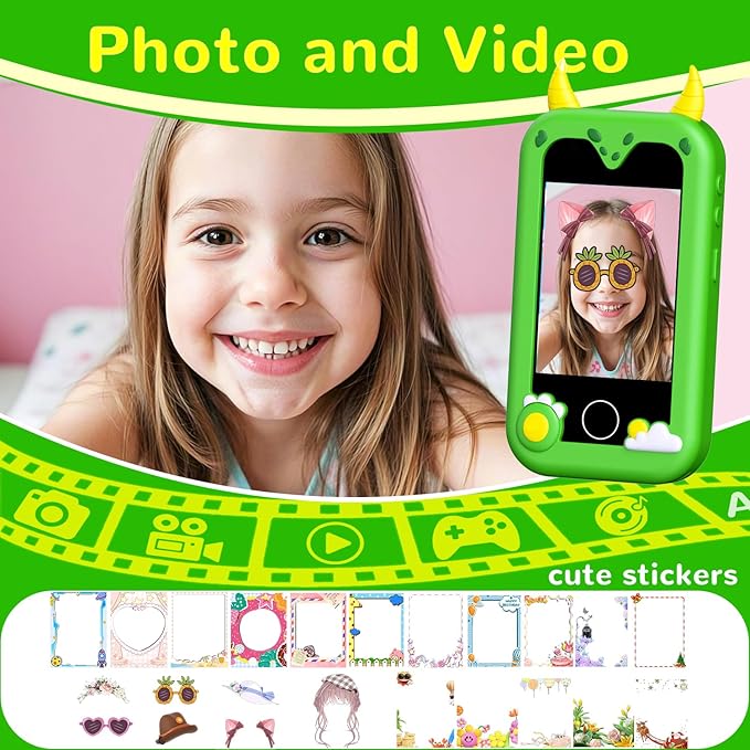 Kids Play Phone Toys, Smart Phone with Dual Camera - Christmas Birthday Gift for Kids Aged 3-12, Toddler Toys Pretend Phone with Music Player, Educational Learning Games with 32GB Memory Card, Green