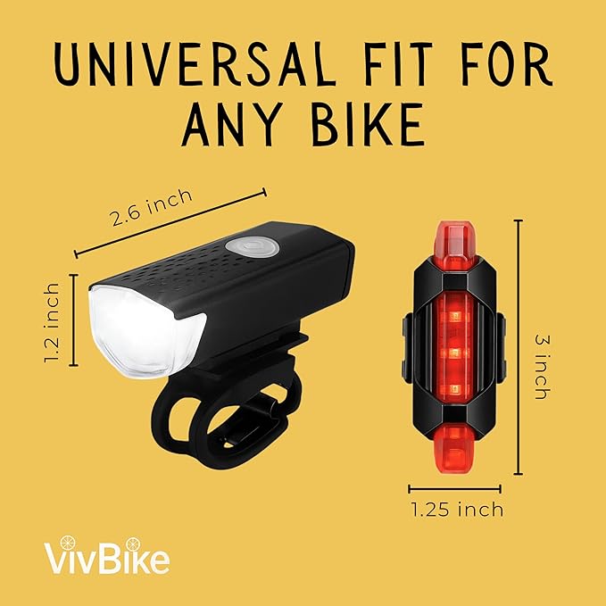 VivBike Rechargeable Bicycle Lights Set for Daily Use, LED Front Light and Rear Light, USB-C, IPX4 Waterproof, Easy Mount | A HerTime2 Brand