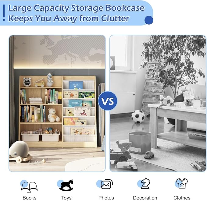 4 Tier Kids Bookshelf Baby Toddler Book Rack Children Bookcase Toy Storage Organizer with 6 Sling Adjustable Shelf for Nursery Playroom Classroom Library Bedroom Natural Wood