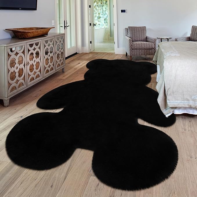 6x8 ft Bear Black Shag Large Rug, Soft Fluffy Faux Sheepskin Fur Rug Fuzzy Shaggy Area Rug Cute Plush Carpet for Nursery Kids Girls Bedroom Room Aesthetic Living Room Floor Home Decor, Black