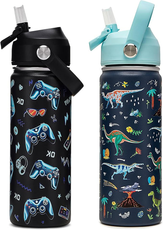 18oz Kids Insulated Water Bottle with Straw Lid - 18/8 Stainless Steel Kid Cup Travel Tumbler Double Wall Vacuum Leak Proof Portable Toddler Water Bottle (Game + Dinosaur)