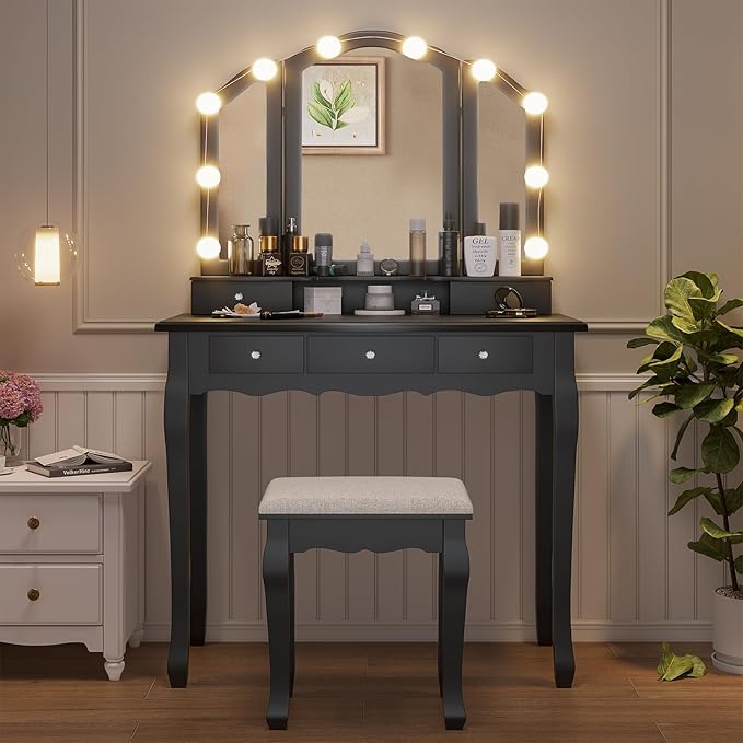 Tiptiper Vanity Desk, Makeup Vanity with Lighted Tri-fold Mirror and Stool, Vanity Set with 5 Drawers, 3 Light Settings & Adjustable Brightness, Black