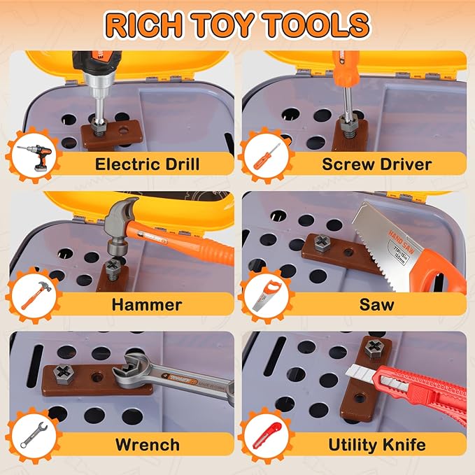 Toddler Tool Set for Age 3-5 Kids Tool Set with Tool Box and Toy Drill, Pretend Play Toy Tools Kids Construction Tools Bench for Toddlers Boys Toys 3 Year Old Gifts