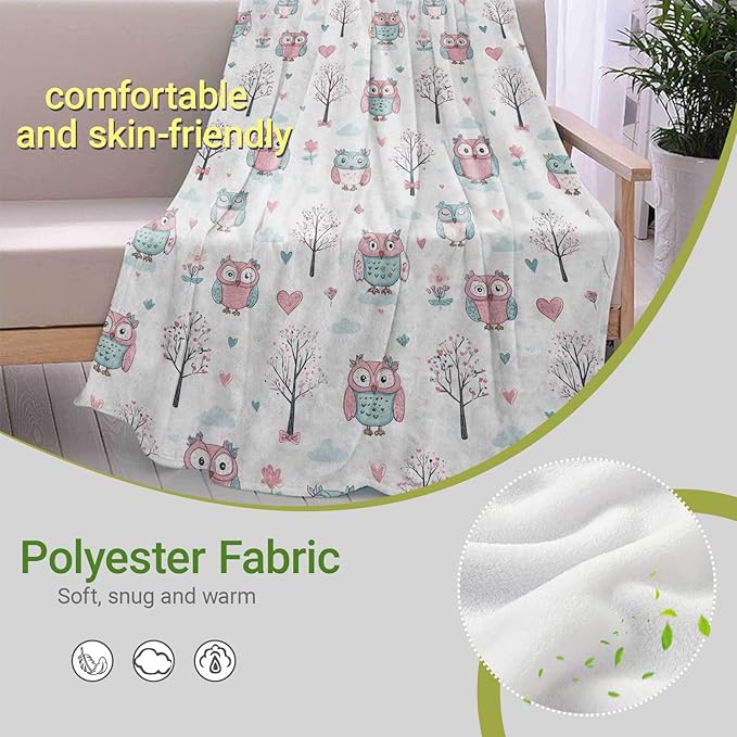 Playful Owl Blanket,Cute Bird with Tree and Heart Fleece Blankets,Soft Warm Decorative Throw for Couch,Bedroom,Travel,Camping,Practical Throws Gifts for Kids Adults Nature Lovers,40X50 Inch