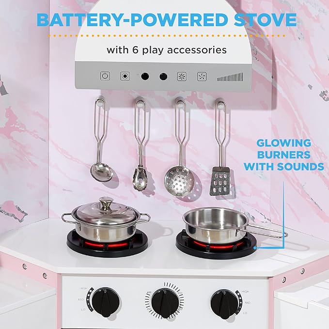 Best Choice Products Pretend Play Corner Kitchen, Ultimate Interactive Wooden Kids Playset w/Lights & Sounds, Ice Maker, Hood - Pink