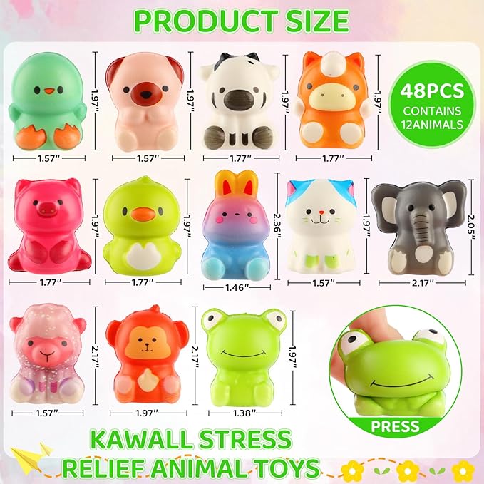 LiYiQ 48Pcs Animal Squishy Toys Stress Balls for Adults Squishy Fidget Toys Desk Pets Fidget Pack Bulk with Squishy Monkey Cat Dog Squishy Balls Party Favors Goodie Bag Stuffers for Classroom Exchange