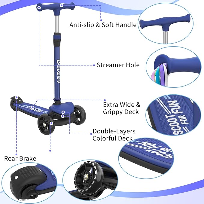 BELEEV A8 Scooter for Kids Ages 3-12, 3 Wheel Folding Scooter for Toddlers Girls Boys, LED Light-Up Wheels, 4 Adjustable Height, Lean to Steer, Extra Wide Wheels, Three Wheel Kick Scooter for Children