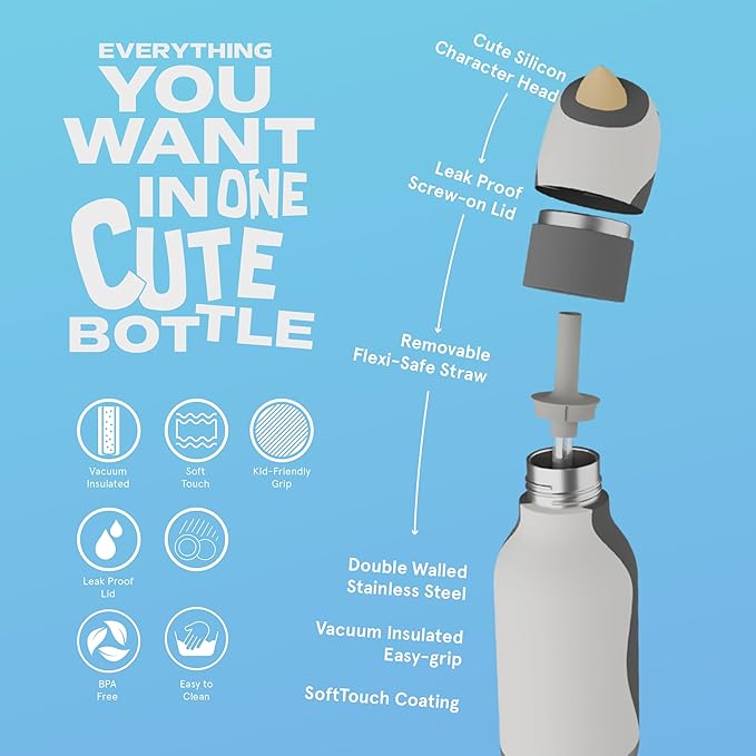 asobu Bestie Bottle Insulated Stainless Steel Water Bottle with Detachable Soft Animal Head Fun Drinking For Kids and Teens with Flexible Reusable Straw 16 Ounce (Penguin)