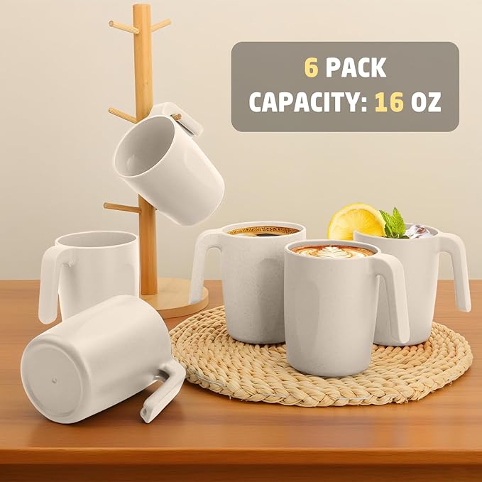 Coffee Mugs Set of 6, Wheat Straw Cups 16 oz, Resuable Plastic Mugs With Handle, Unbreakable Kids Mugs, Dishwasher and Microwave safe Coffee Cups for Tea, Camping & Kitchen (Beige)