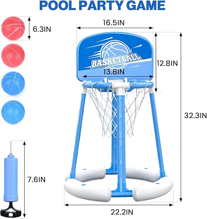 Pool Basketball Hoop with Backboard, Floating Pool Toy with 4 Balls and Pumps, Pool Basketball Game Outdoor Toy for Kids Adults Family Party Water Summer Toys (Red) (Blue-with Board)