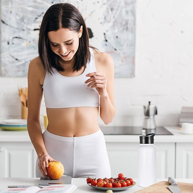 VEGOND 32 oz Insulated Water Bottle Bulk Stainless Steel Metal Water Bottles with Leak Proof Straw Lid & Spout Lid, Wide Mouth Double Walled Vacuum Travel Sports Bottle, 8 Pack