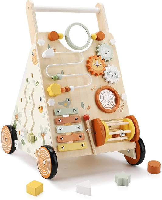 Wooden Baby Walker, Baby Push Walker with Activity Center for Girls Boys, Montessori Push Walker Toys for Babies Learning to Walk, Sit-to-Stand, for 10-12 Months 1 2 3 Years Old
