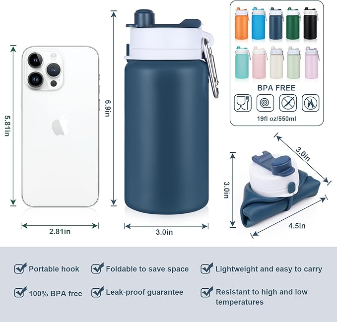 PLTCAT Collapsible Foldable BPA Free Reusable Lightweight Leak-Proof Travel Silicone Water Bottle for Travel, Gym, Hiking, Office, Camping