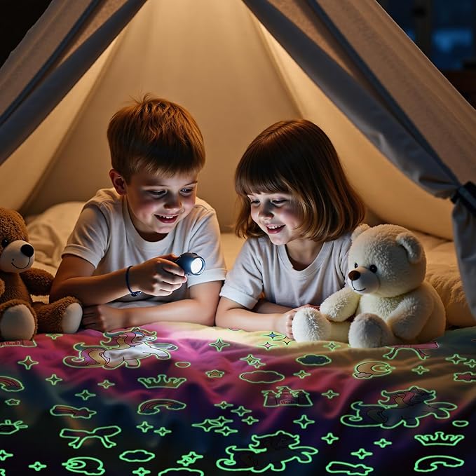 Lotus Karen Unicorn Glow in The Dark Blanket Unicorn Toys Girl Gifts for 1 2 3 4 5 6 7 8 9 10 11 12 Year Old Kids Blanket with Stars Cloud Crown Bow Birthday Halloween Room Decor（Rainbow 50"×60"