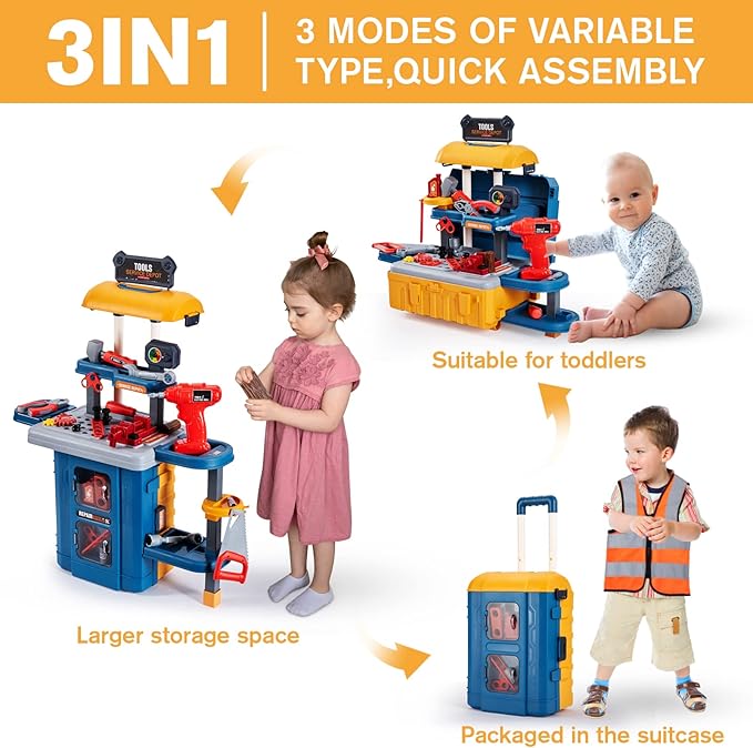 Kids Tool Bench with Kids Tool Set, Three Modes Toddler Tool Bench with Electric Drill Set, Pretend Construction Toys Kid Workbench, Toddler Workbench Tool Bench for Kid Ages 3-5 6-8
