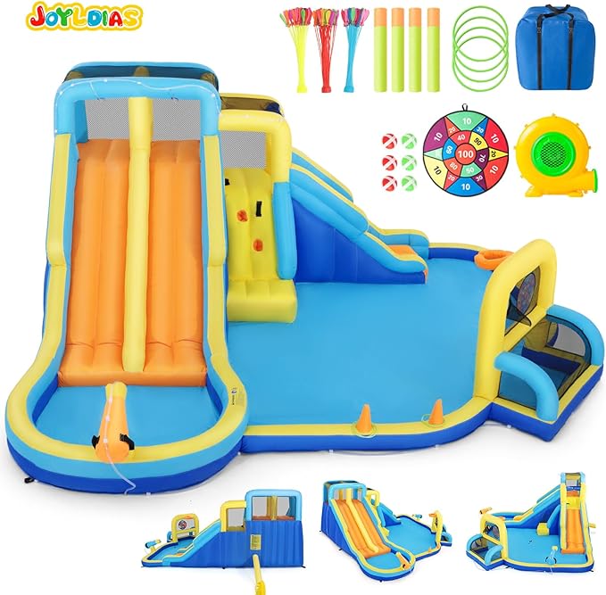 JOYLDIAS Inflatable Water Slide,Water Park Bounce House,Three Slide Bouncer Castle Playhouse w/Splash Pool, Climbing Wall, Felt Ball Target, Ring Toss Game, Goal for Kids Outdoor Fun, 680W Air Blower