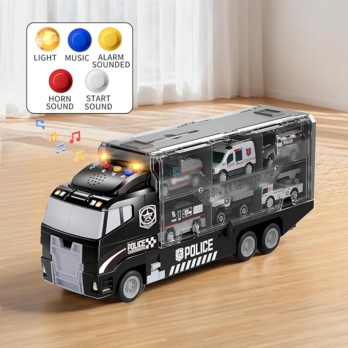 Toddler Boys Toys for 3 4 5 6 Years Old, Police Truck Vehicle Toy Set with Play Mat and Die-Cast Toy Car, Transport Carrier Truck for Kids, Birthday Gifts Toys for 3 4 5 6 7 8+ Year Old Boys