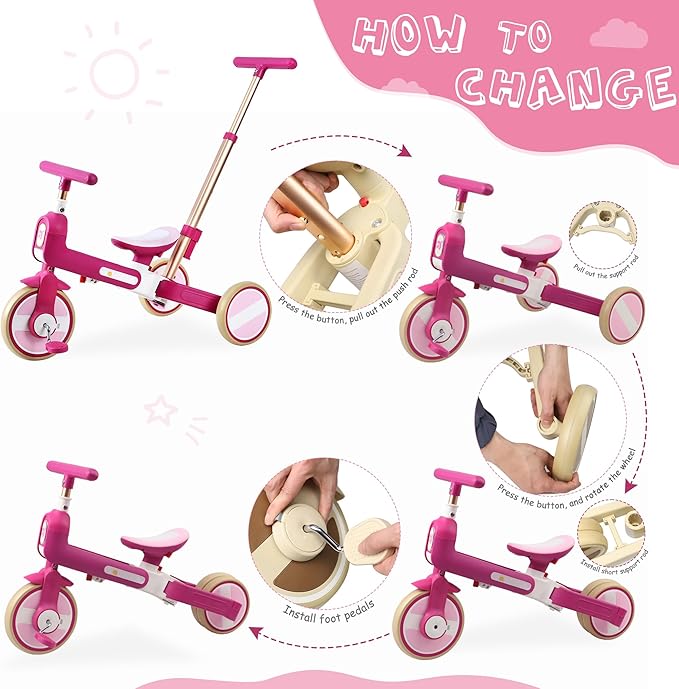 WEEROCK 6 in 1 Toddler Tricycle Fold Up Kid Tricycles with/Without Parent Steering Push Handle Boys Girls Balance Bike for 1-6 Years Old Toy Gift, Purple