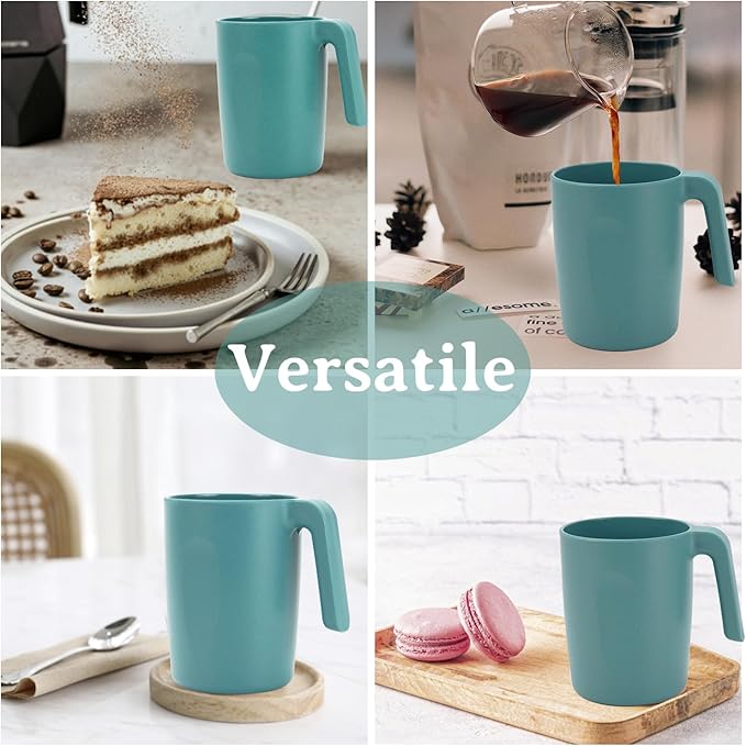 16oz Wheat Straw Cups with handles set of 6-Plastic Cups Reusable-Unbreakable Kids Mugs-Dishwasher Safe & Microwave Safe-Ideal Plastic Mugs for Tea,Coffee,Camping,RV-Green