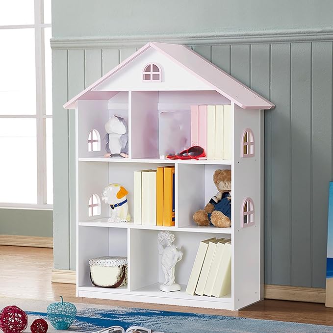 Wooden Dollhouse Bookshelf 4-Tier Kids Bookcase, Toy Storage Organizer & Playhouse with 6 Compartments for Girls Boys, Pink and White Room Furniture for Bedroom Playroom