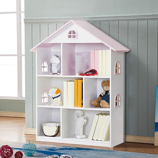 Wooden Dollhouse Bookshelf 4-Tier Kids Bookcase, Toy Storage Organizer & Playhouse with 6 Compartments for Girls Boys, Pink and White Room Furniture for Bedroom Playroom