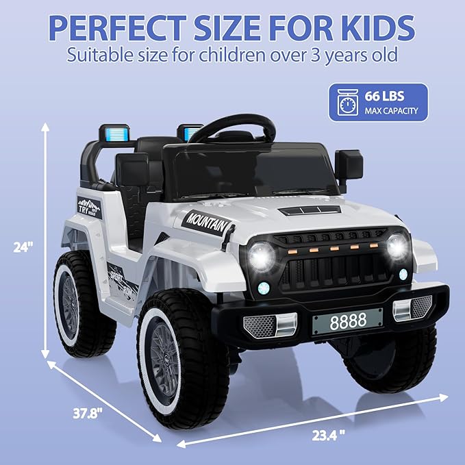 Garvee 12V Kids Ride On Truck Car, Battery Powered Electric Vehicles with Remote Control, Spring Suspensions, 3 Speeds, LED Lights, Music, MP3, Ride On Toy Car for Children Toddles Boys Girls, White