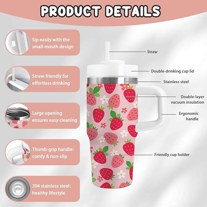 Strawberry Gifts for Girls - 14oz Pink Kids Strawberry Tumbler with Handle and Straw, Stainless Steel Insulated Water Cup, for School, Travel - Strawberries Themed Children Birthday Gift Cup(1pc)