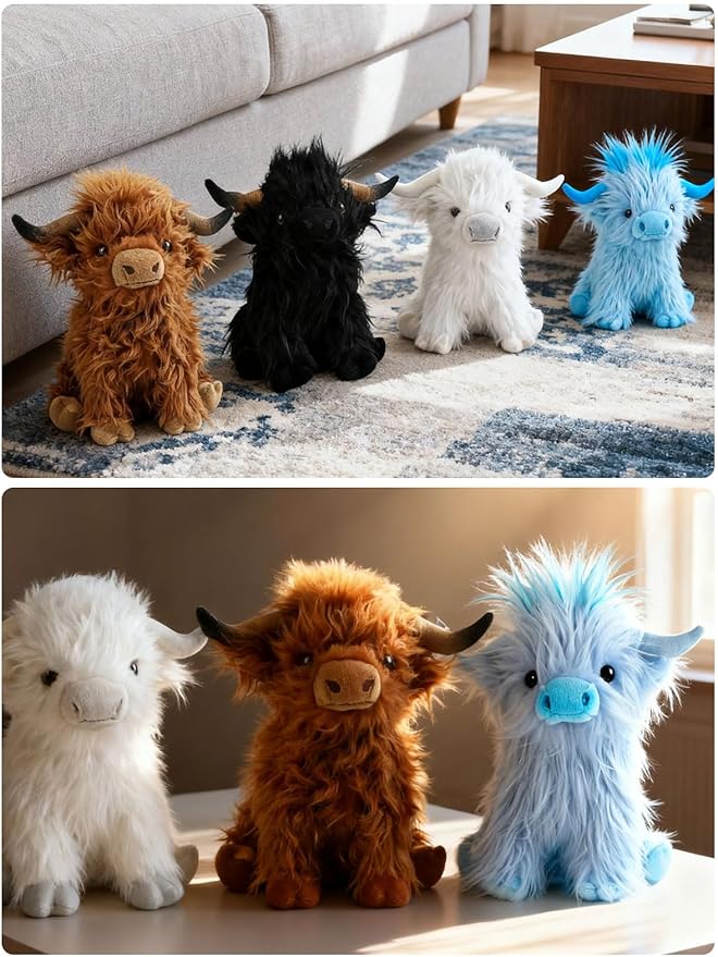 Highland Cow Fluffy Stuffed Animal, 10" Adorable Realistic Plush Toy Soft Cute Cow Plushie Home Decor Gift for Boys Girls Kids Teens Adults, White