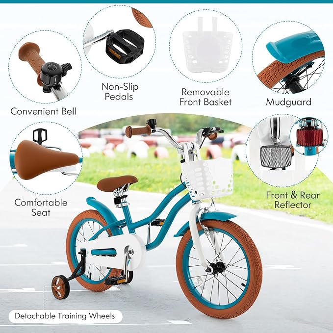 COSTWAY Kids Bike, 12 14 16 18 Inch Toddler Bike Children Bicycle w/Training Wheels, Hand & Coaster Brakes, Adjustable Saddle & Handlebar, Basket, Bell, Kids Bicycle for Girls Boys Aged 3-8 Years Old
