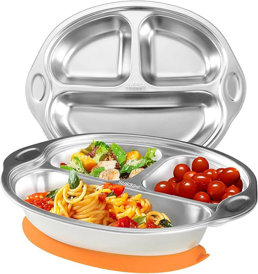 Stainless Steel Baby Suction Plates: Divided Plates for Babies & Toddlers, BPA-Free, Dishwasher Safe, Orange