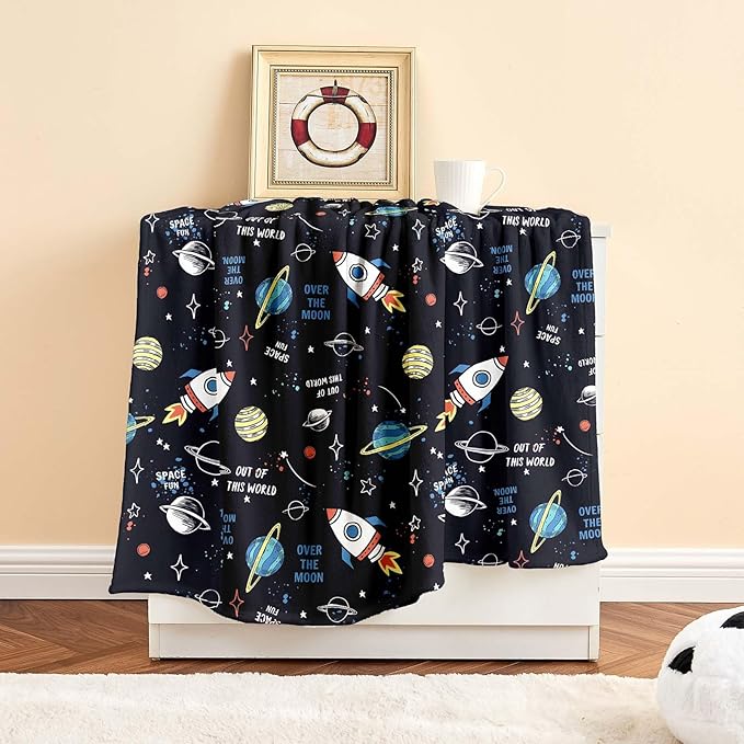 Wajade Toddler Fleece Space Blanket for Boys Kids 3D Rocket Planets Soft Throw Blanket Birthday Christmas Halloween Space Decor for Children 60"x80"