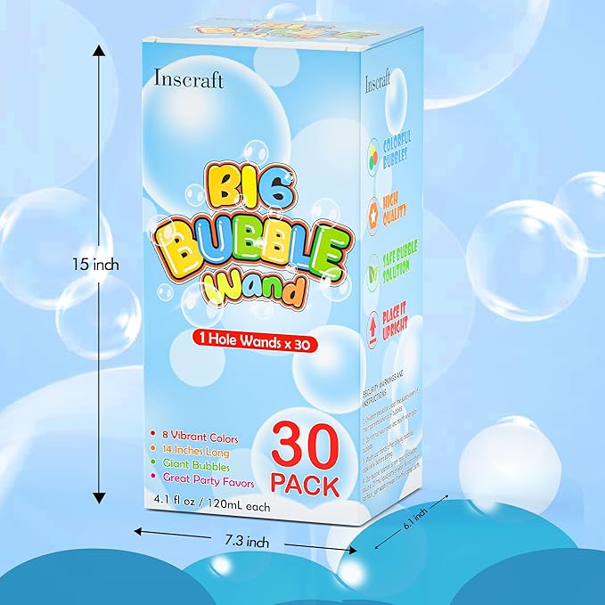 Inscraft 30 Pack 14’’ Big Bubble Wands, 8 Colors 1 hole wands x30 for Summer Toy, Outdoor/Indoor Activity, Easter, Birthday, Graduation, Bubbles Party Favors for Kids
